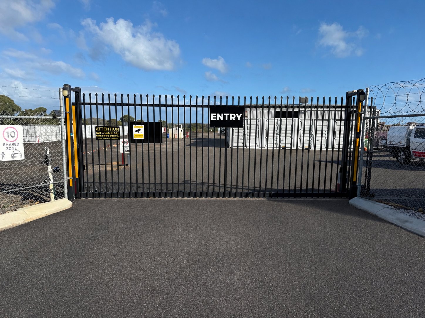 Secure electric entry gate at Latitude 32 Storage facility Wattleup Perth