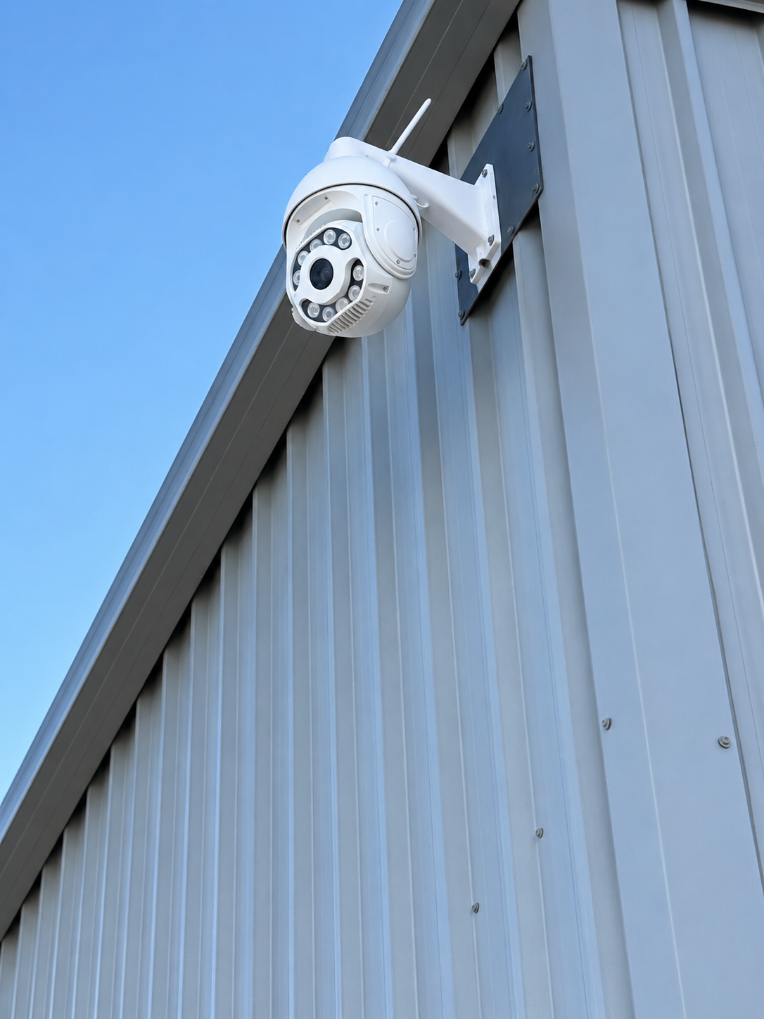 CCTV security camera mounted on storage facility building at Latitude 32 Storage Wattleup
